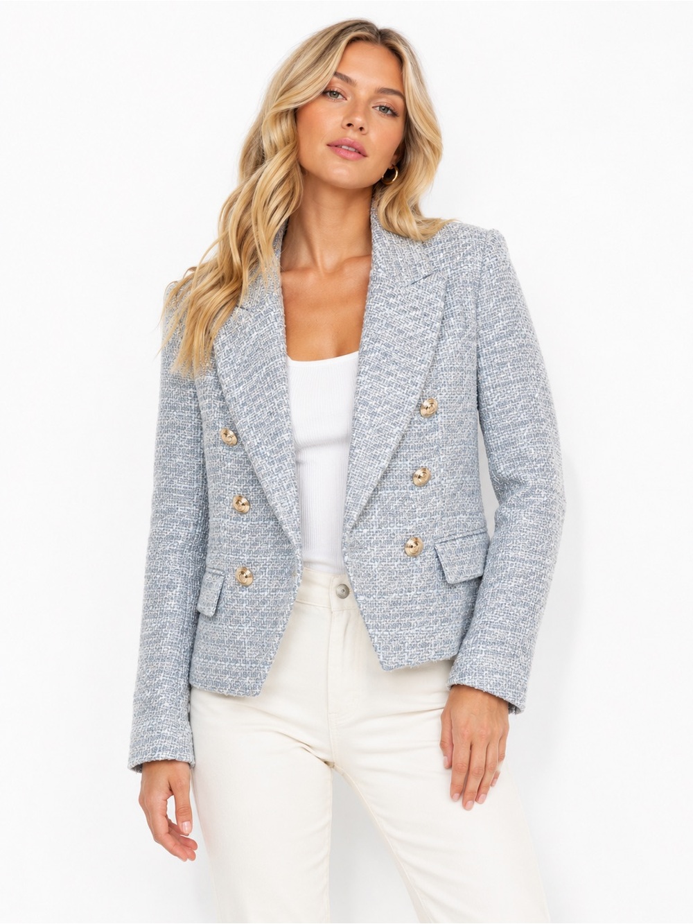 Zara Size Medium Light Blue Tweed Double-Breasted Women's Blazer Jacket